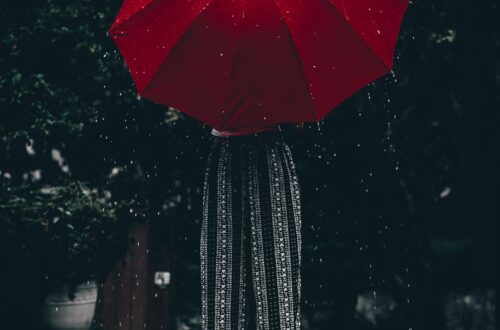 person standing using red umbrella
