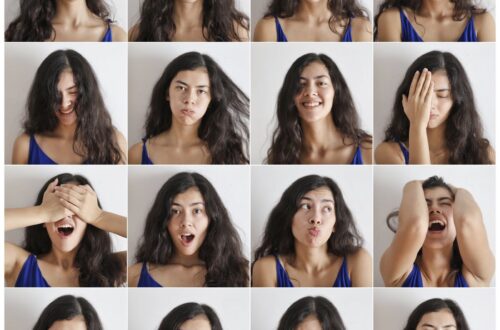 collage of portraits of cheerful woman